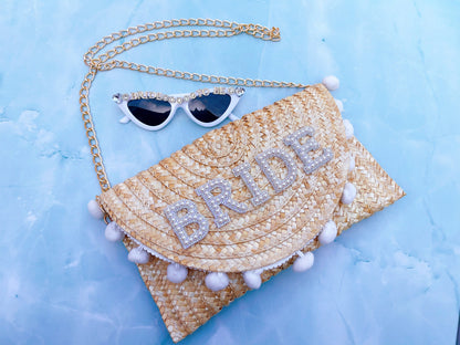 Personalised Bag Embellished Pearl + Rhinestones Straw Clutch Shoulder Bag, Mrs Wifey Bride , Bridal Wedding Hen Gift Bachelorette Purse