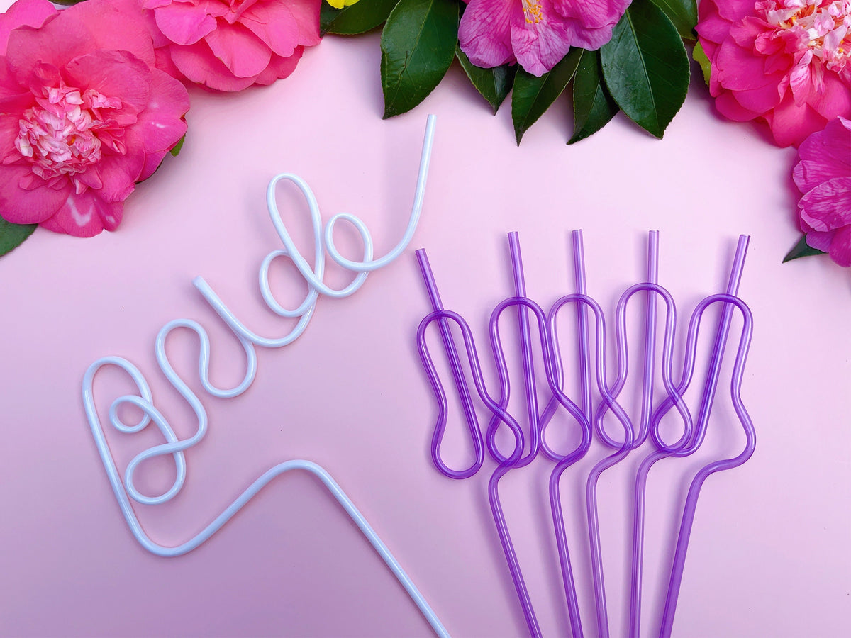 Purple Swirly Penis Straw + Bride Straw | Bachelorette Party Favors | Bride To Be Bridal Shower | Hen Party Supplies Penis